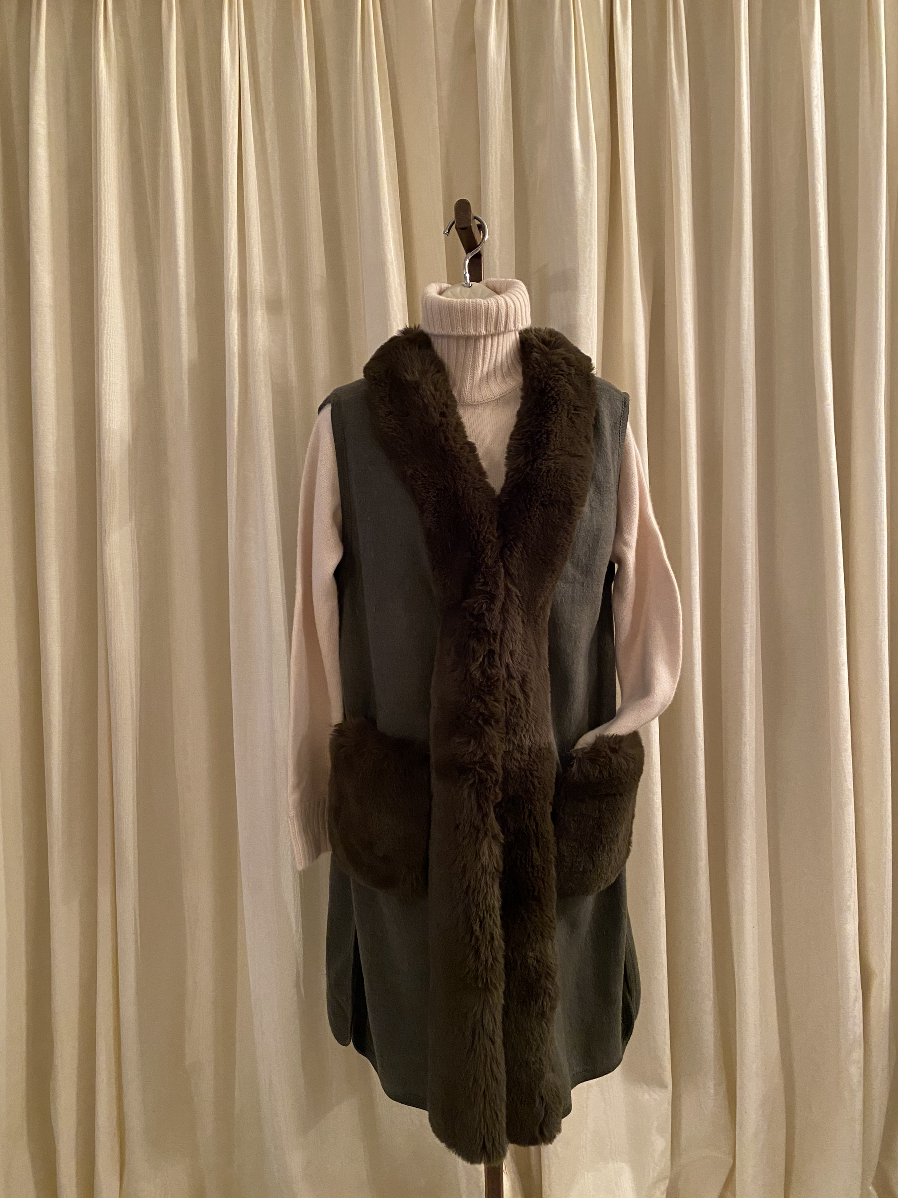 Olive Green Knee Length Vest with Faux Fur Trim