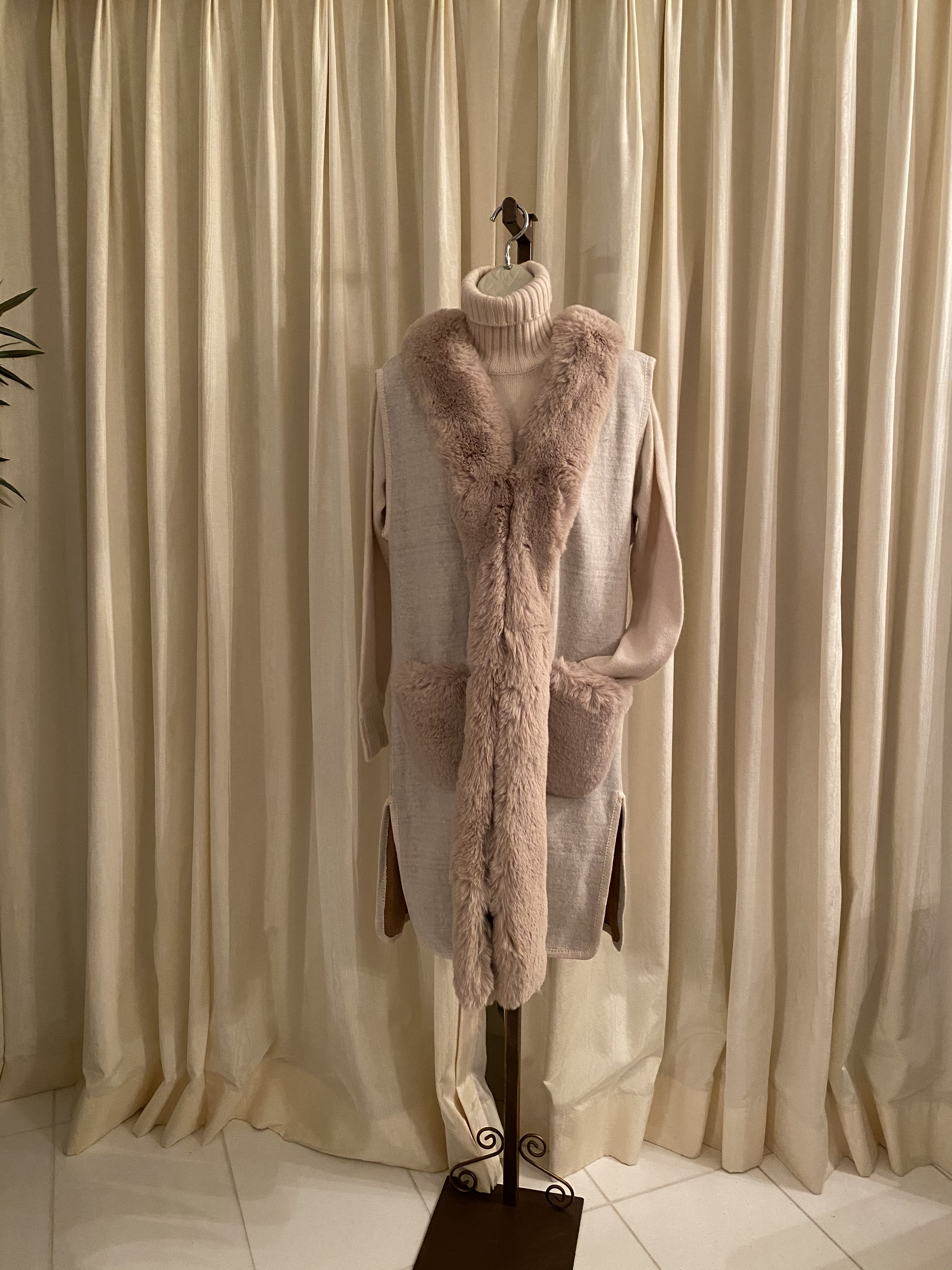 Champagne Beige Knee Length Vest with Faux Fur Trim