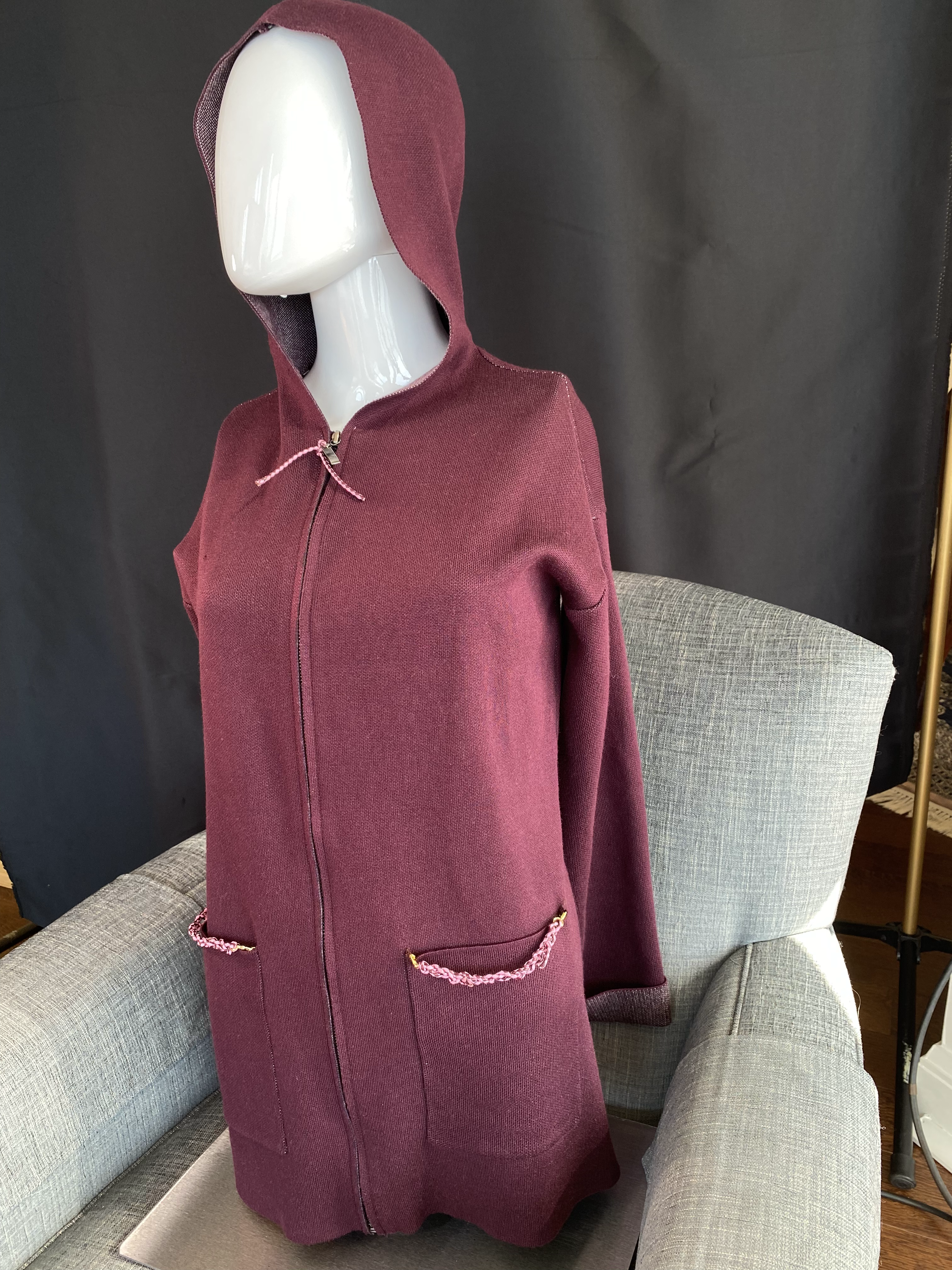 Burgundy Knit Hoodie with Woven Leather Trim