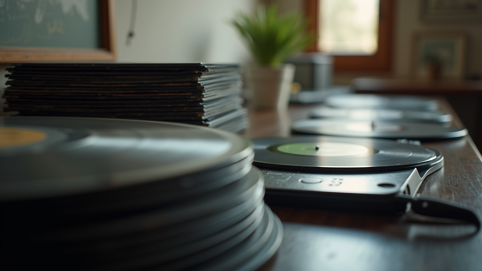 Eye-level view of vinyl records stacked