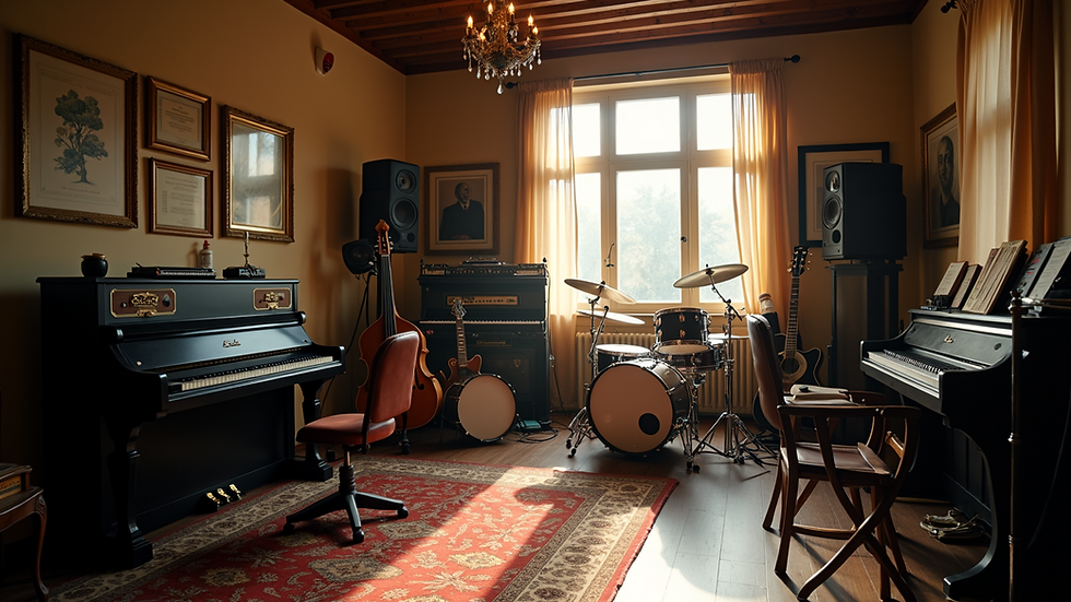 Wide angle view of a music studio with various instruments