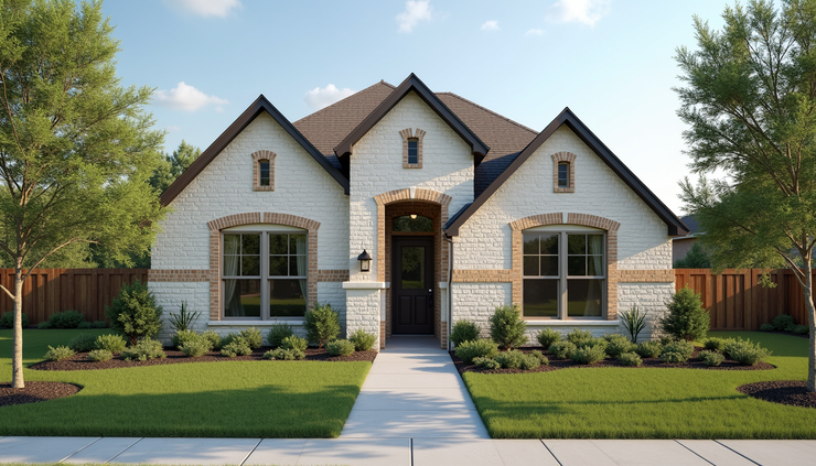 Eye-level view of a newly constructed suburban home in North Houston with fresh landscaping