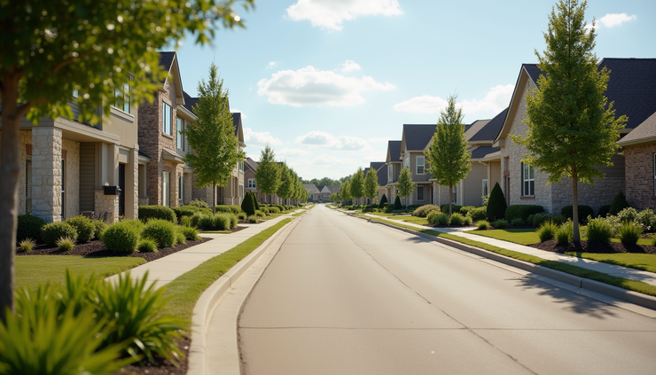 Eye-level view of a residential street in a Montgomery County Texas MUD community with new homes and landscaping