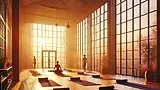 DALL·E 2024-10-10 14.44.39 - A serene indoor yoga class with the warm, golden light of the