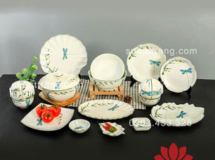 Bộ bát đĩa men kem vẽ trúc chuồn lam