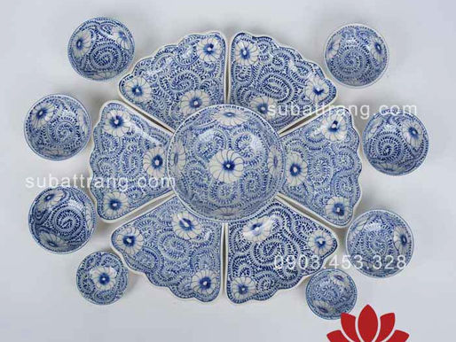 Bộ bát đĩa thờ cúng vẽ hoa dây xanh