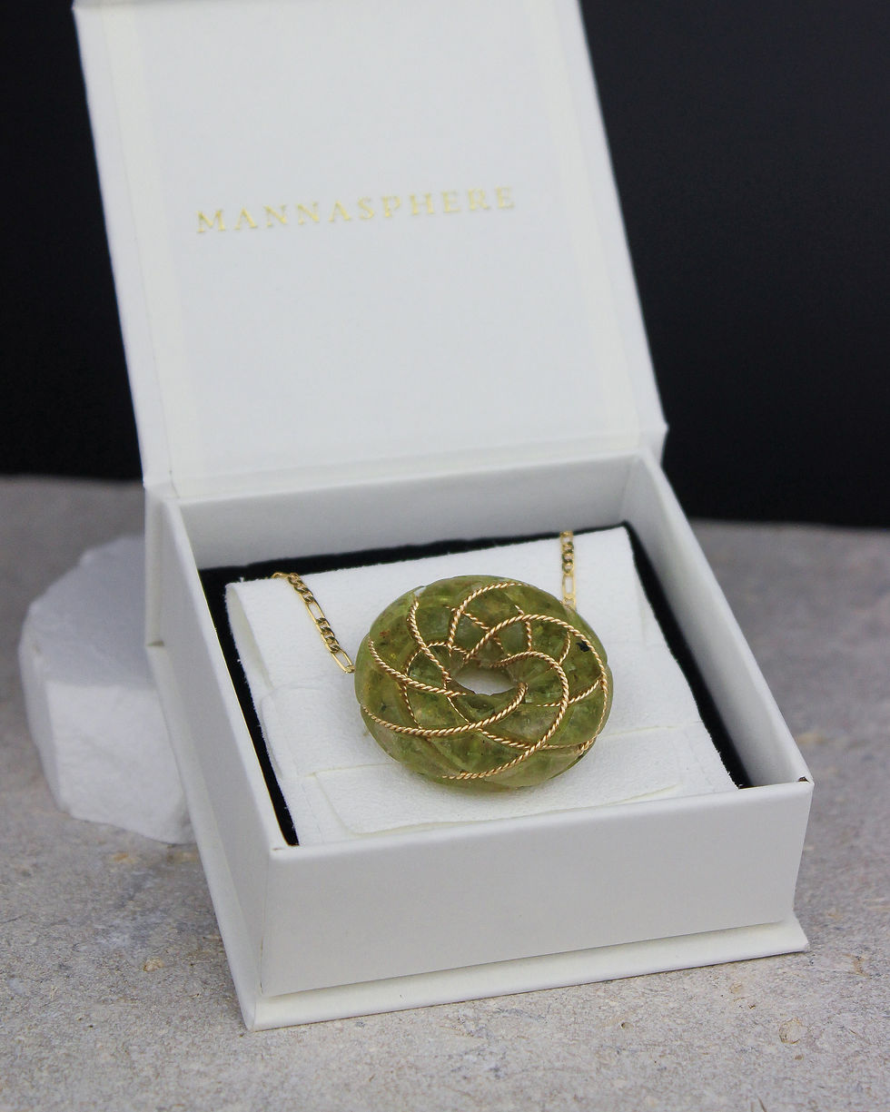 Thumbnail: MANNA SPHERE / Moldavite, Peridot & Elestial Quartz ~ 18K Gold Torus Pendant
