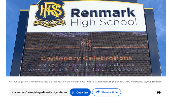 Bestiality references allegedly made during presentation at Renmark High School