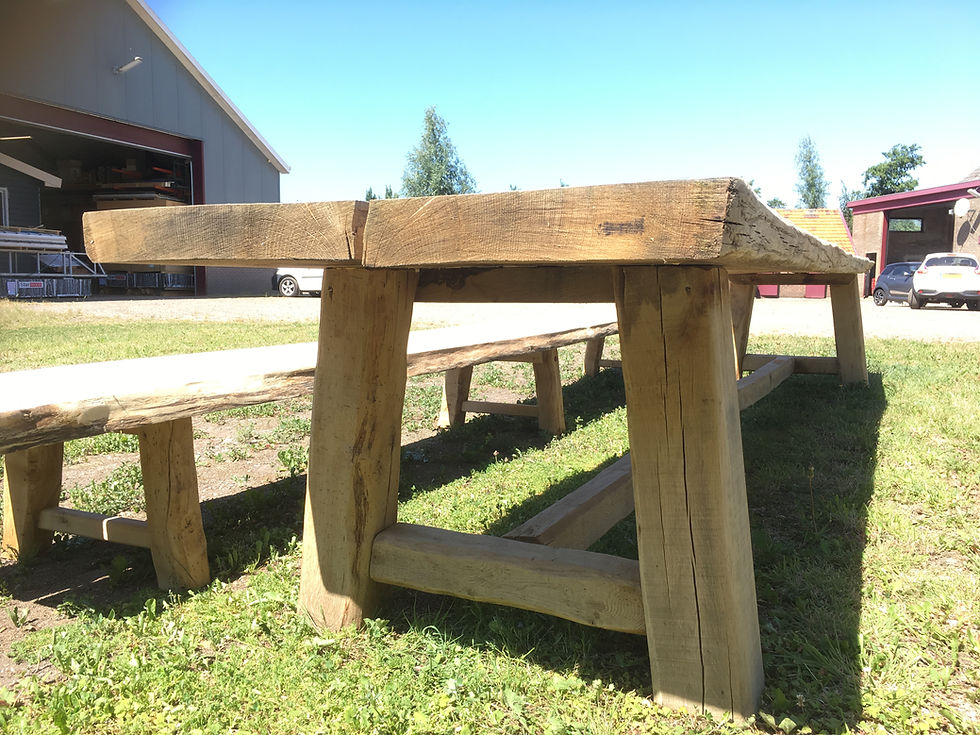 Thumbnail: Grote Eiken picknictafel 4/5 meter + bijzetbank