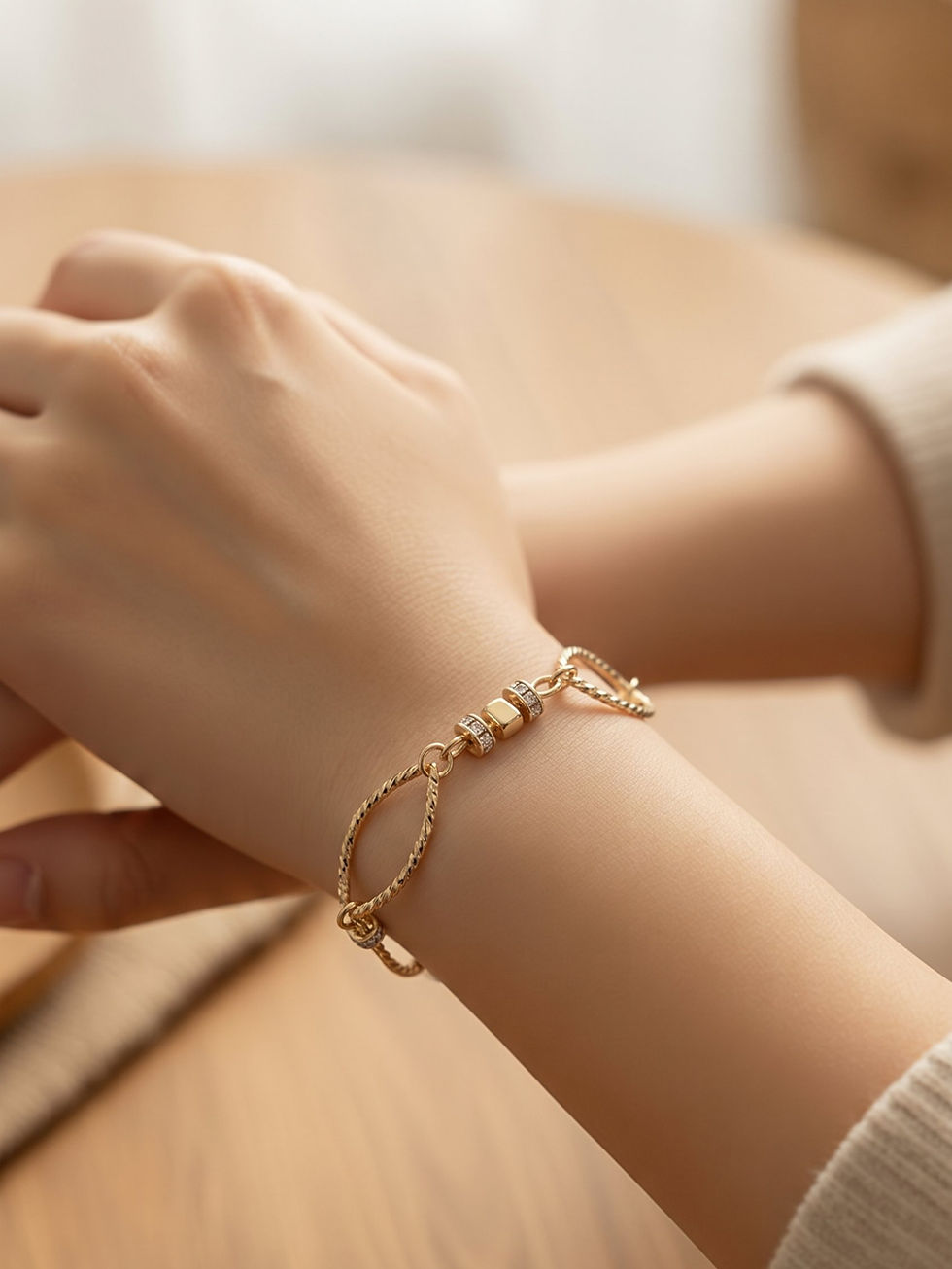 `Eternelle gold link bracelet with crystal accents worn on the wrist.