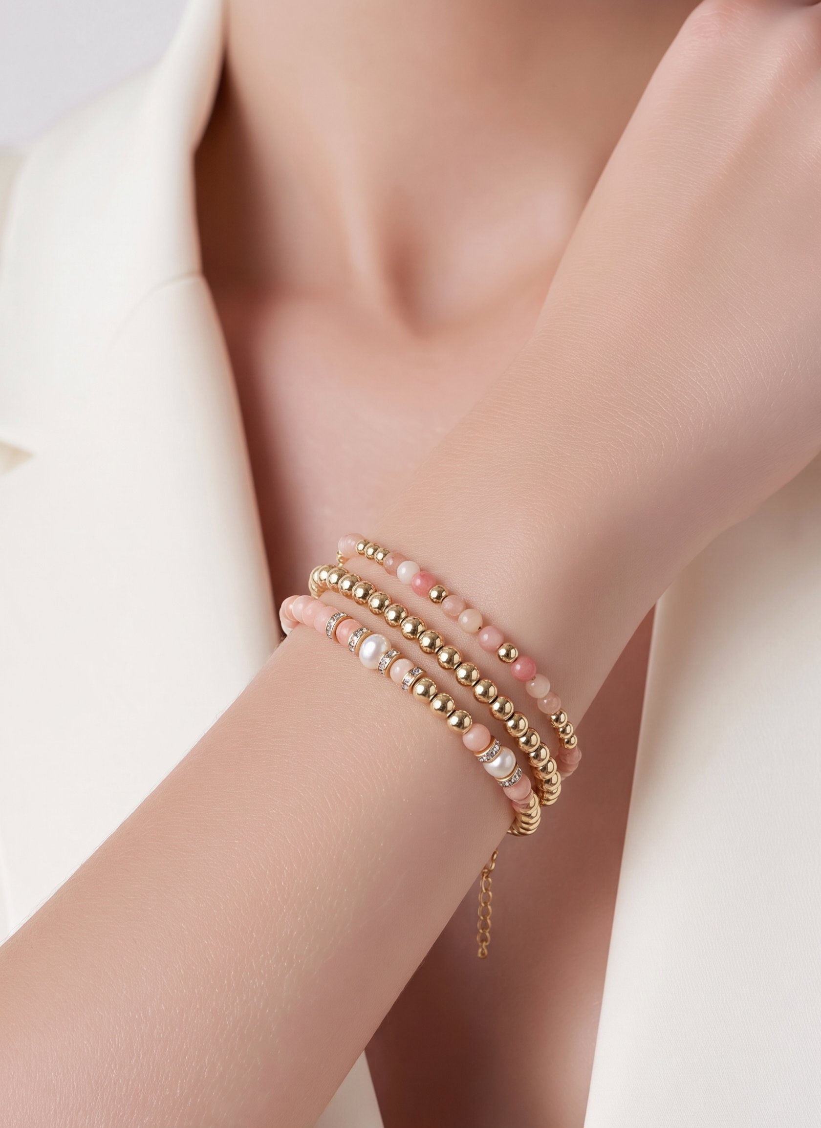 Juliette pink opal pearl bracelet stack worn on wrist