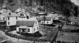 High angle view of the small active coal company office inside the old power house in Layland