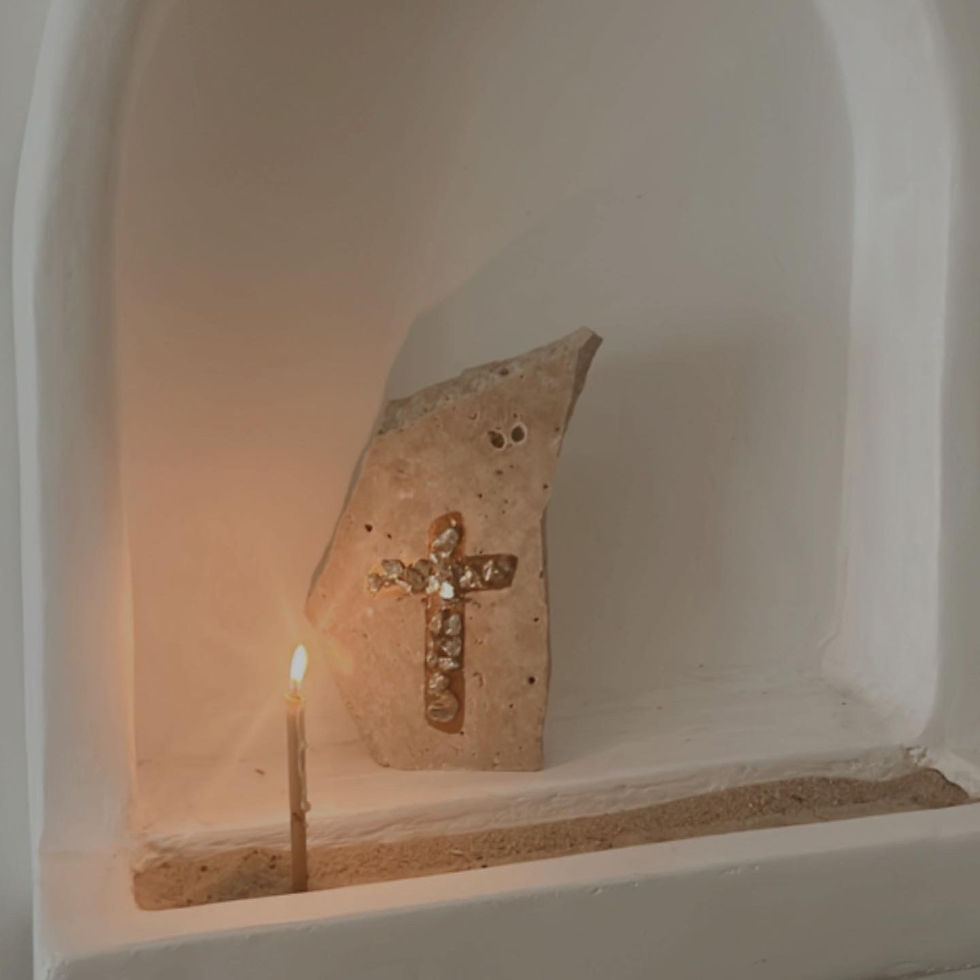 Thumbnail: PRE ORDER 18KT GOLD JEWEL CROSS ON TRAVERTINE