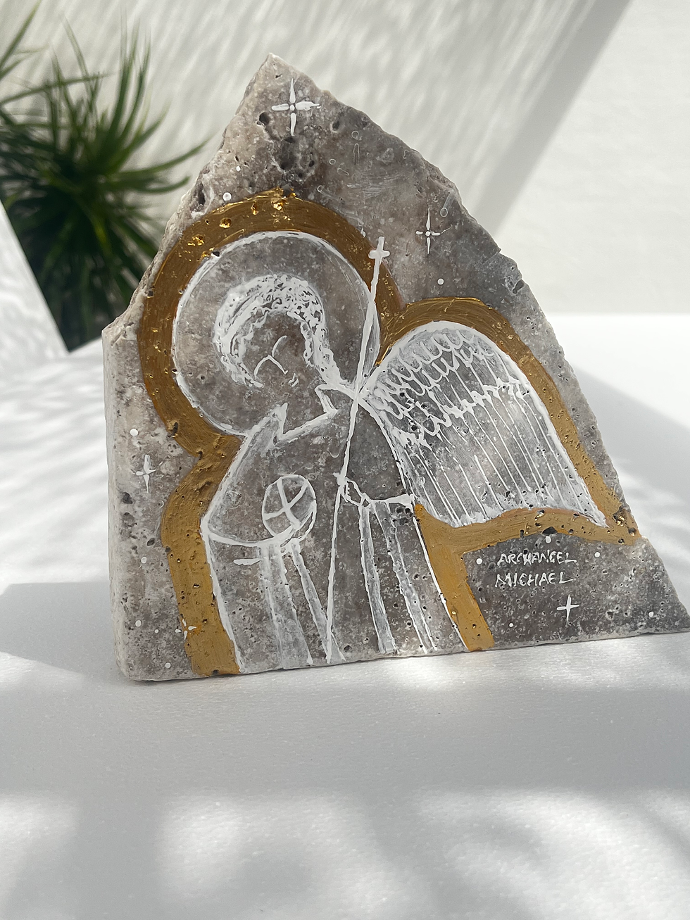 Thumbnail: PRE- ORDER 18KT GOLD OUTLINE ARCHANGEL MICHAEL - TRAVERTINE ICON