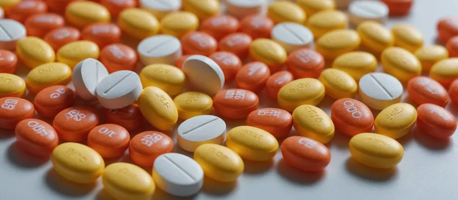 A pill assortment containing round orange, yellow oval and white scored tablets