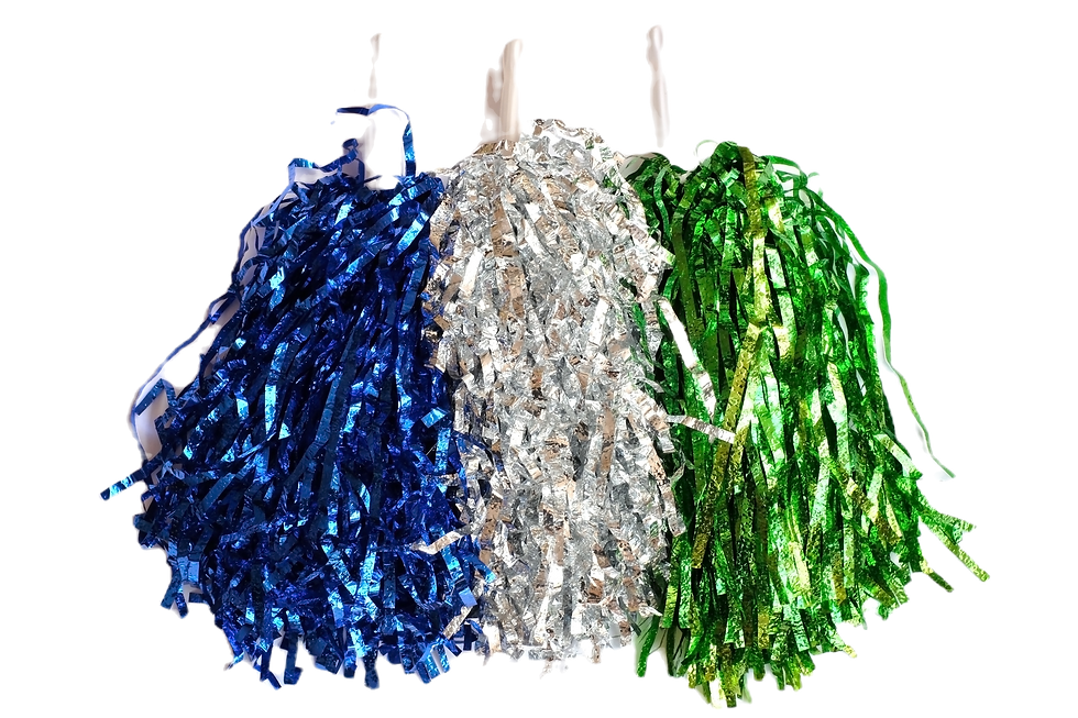 A colorful blue, silver and green pompoms on white background or pompoms isolated use for 