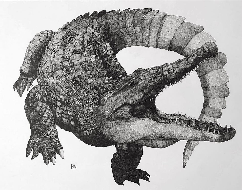 Miniaturbild: Crocodile Back print ［鰐・背面プリント］T-Shirt Natural Raw