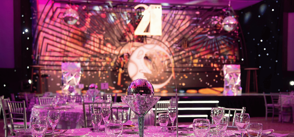 Corporate event services Berlin stage with 21st sign