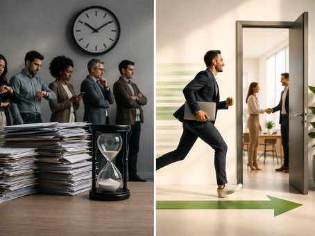 Split-screen hiring process concept image contrasting a slow, disorganized recruitment process with a fast, efficient hiring experience.