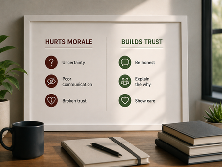 Minimalist workplace communication and restructuring concept image featuring a clean office desk with a framed comparison chart showing what hurts morale versus what builds trust.