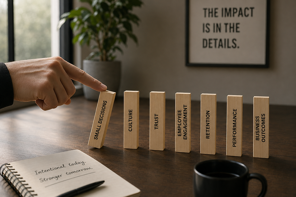 business strategy image featuring wooden domino blocks labeled with workplace concepts like culture, trust, retention, and performance, symbolizing how small HR and leadership decisions create long-term organizational impact.