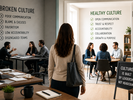 One side features poor communication, favoritism, and low accountability in a darker office setting, while the brighter side shows collaboration, trust, and engaged teams. A professional employee stands between both environments, symbolizing leadership’s role in shaping organizational culture