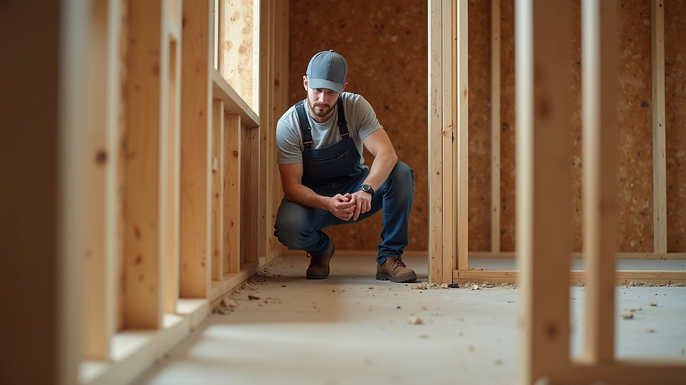 Eye-level view of home inspector examining wooden foundation