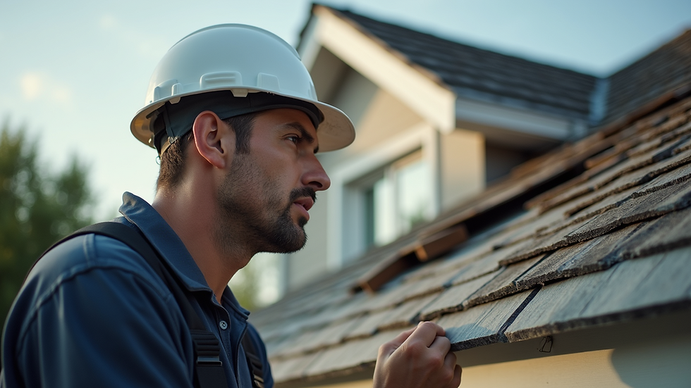 Eye-level view of a home inspector examining a roof for damage