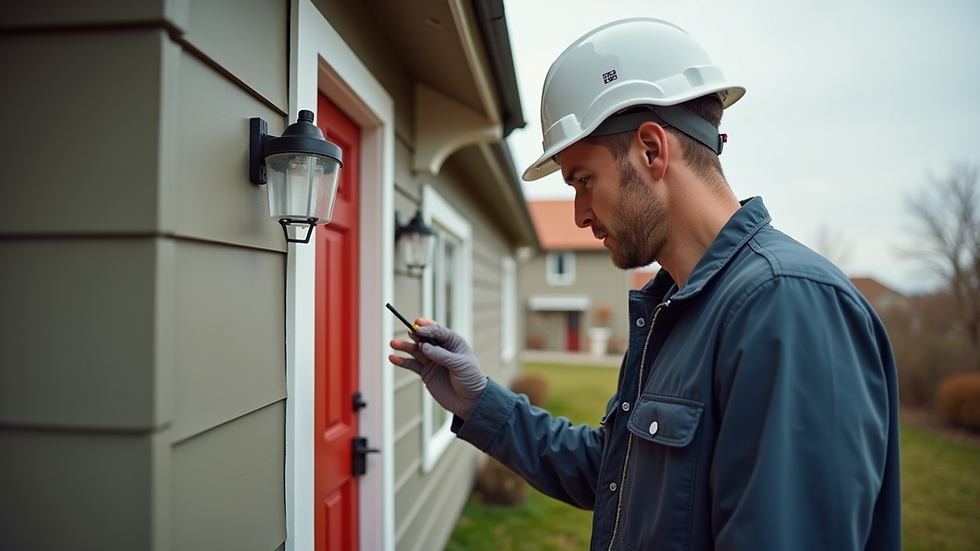Eye-level view of a home inspector examining a house exterior