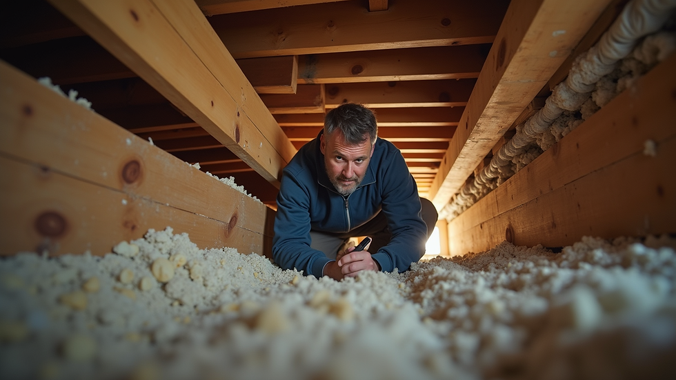 Eye-level view of a home inspector examining wooden beams in a crawl space
