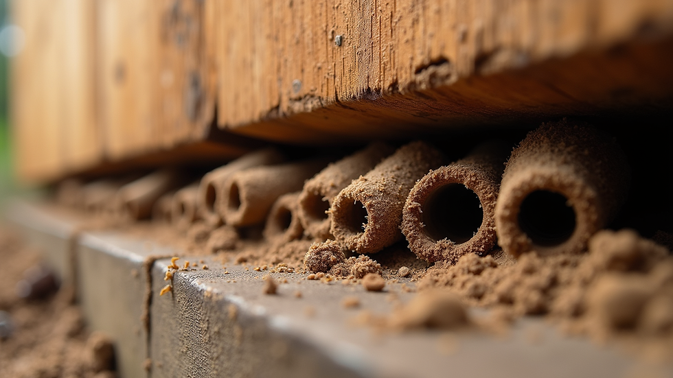 Close-up view of termite mud tubes on a wooden foundation