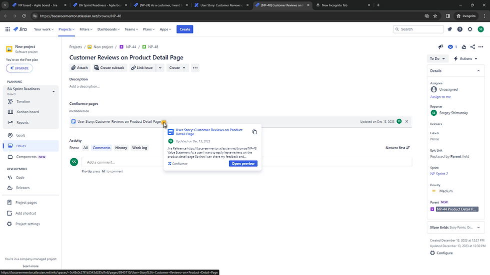 View Jira ticket with a link to a Confluence page