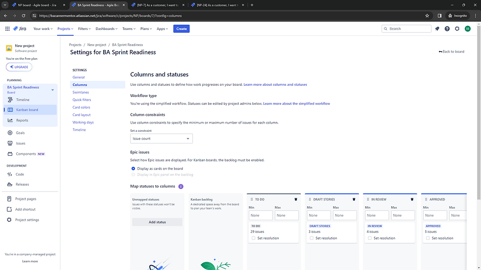 Columns and statuses configuration in Jira