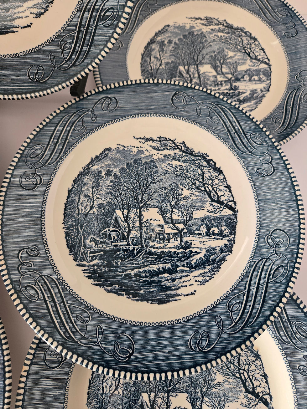 Thumbnail: currier and ives dinner plate "The Old Grist Mill" pattern, blue transferware design