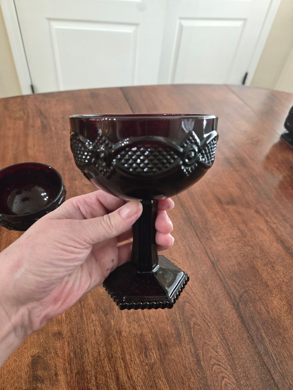 Thumbnail: Vintage Avon 1876 Cape Cod | Champagne Saucers | Ruby Red | Set of 4