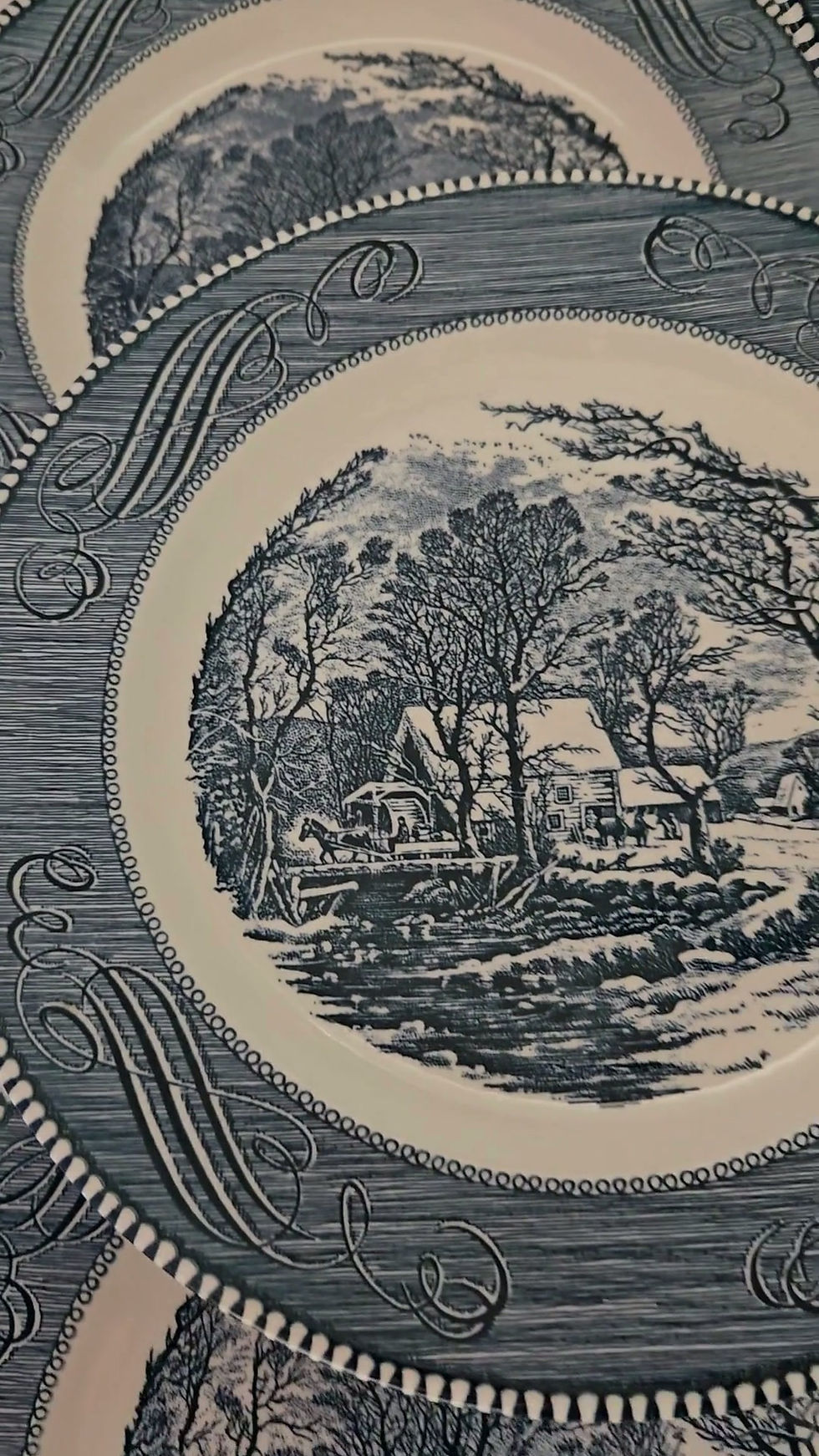 Thumbnail: currier and ives dinner plate "The Old Grist Mill" pattern. blue transferware design