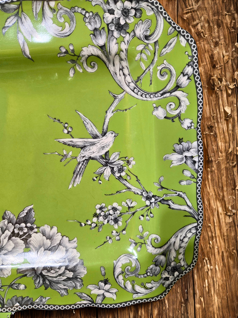 Thumbnail: square dinner plates - adelaide pattern green and white with flower and bird