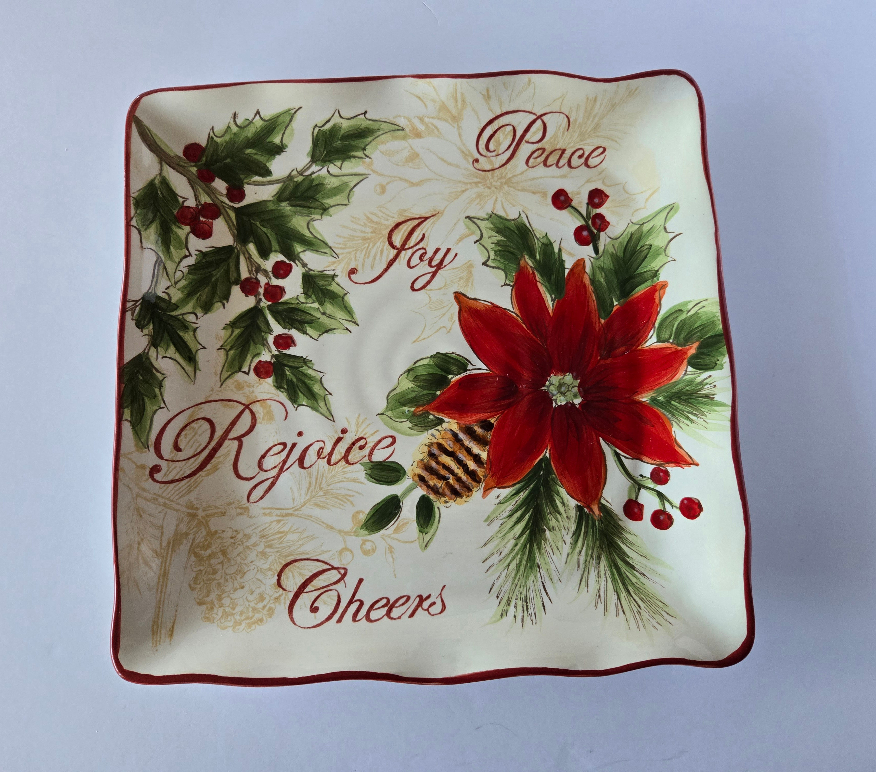 Square Serving Platter - Poinsettia Design w/ Holiday Greetings Written in Red
