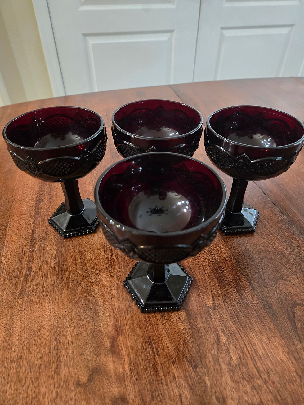 Thumbnail: Vintage Avon 1876 Cape Cod | Champagne Saucers | Ruby Red | Set of 4