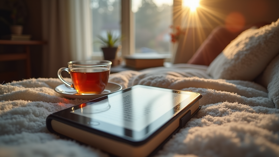 Eye-level view of a cozy reading nook with an e-reader and a cup of tea