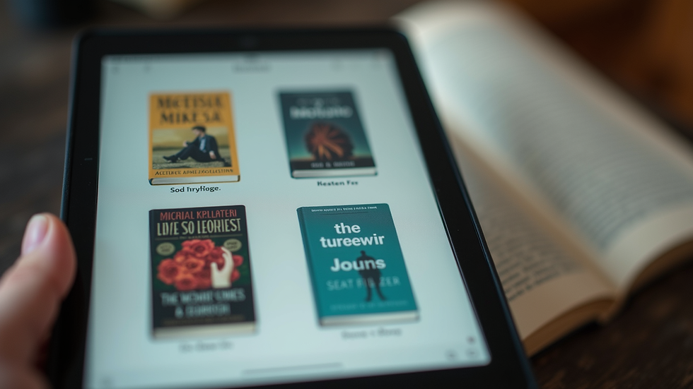 Close-up view of a digital device displaying a list of literary fiction e-books