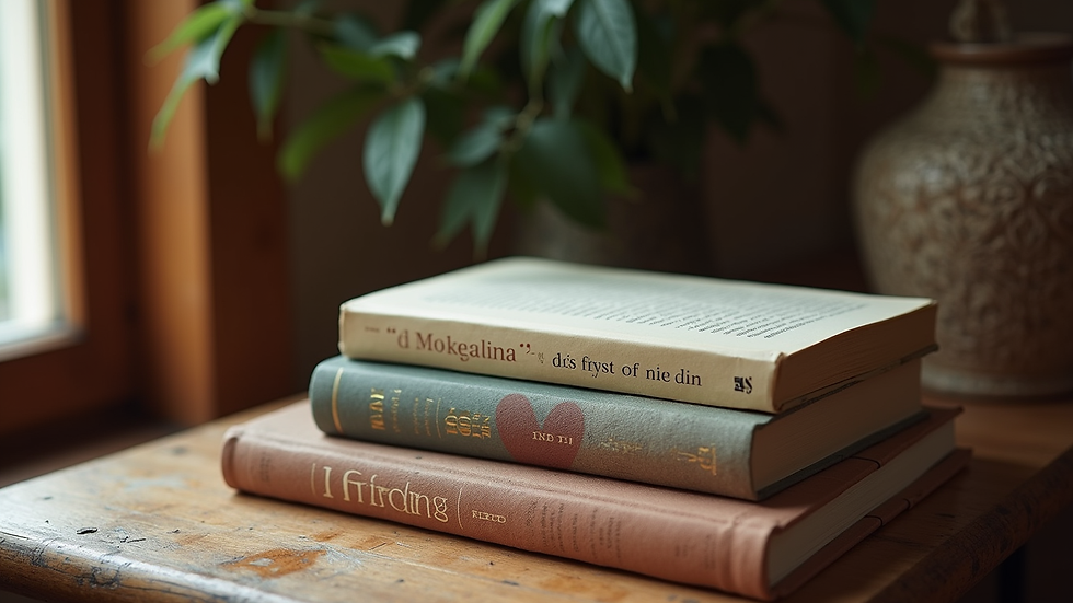 Eye-level view of a cozy reading nook with a stack of literary fiction books
