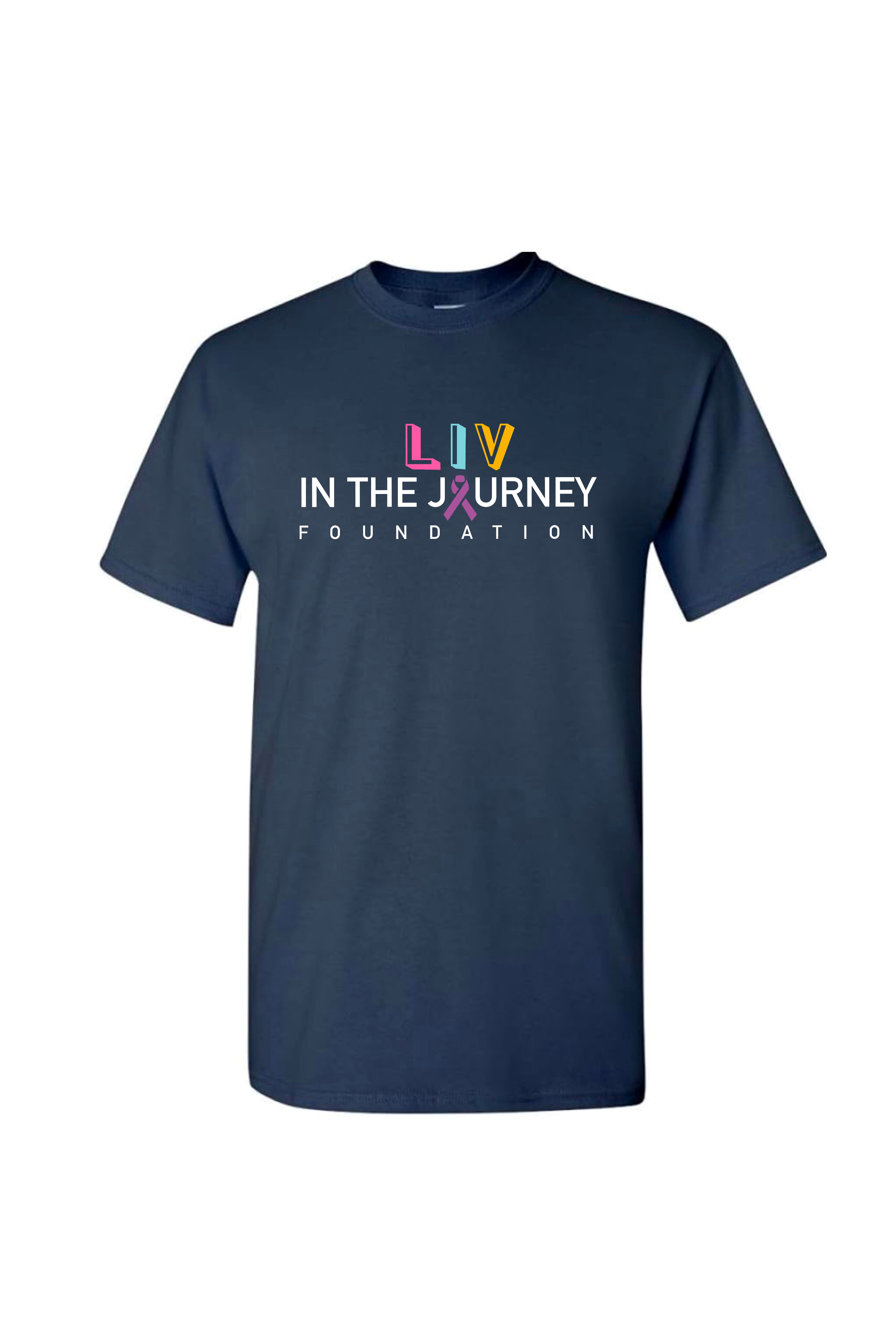 Heathery Navy Liv in the Journey Logo tshirt without the Rainbow 