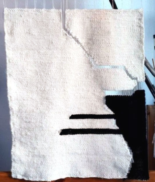 Díptico de tapices contemporáneos en movimiento, realizados a mano con fibras naturales, que muestran texturas dinámicas e intreccios matéricos sobre fondo neutro.