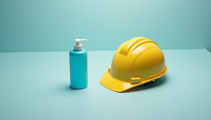 High angle view of a water bottle and safety helmet on a clean work surface
