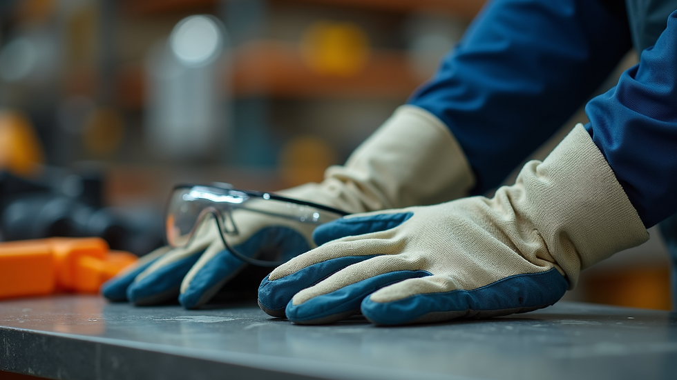 Close-up view of safety gloves and protective eyewear on a workbench