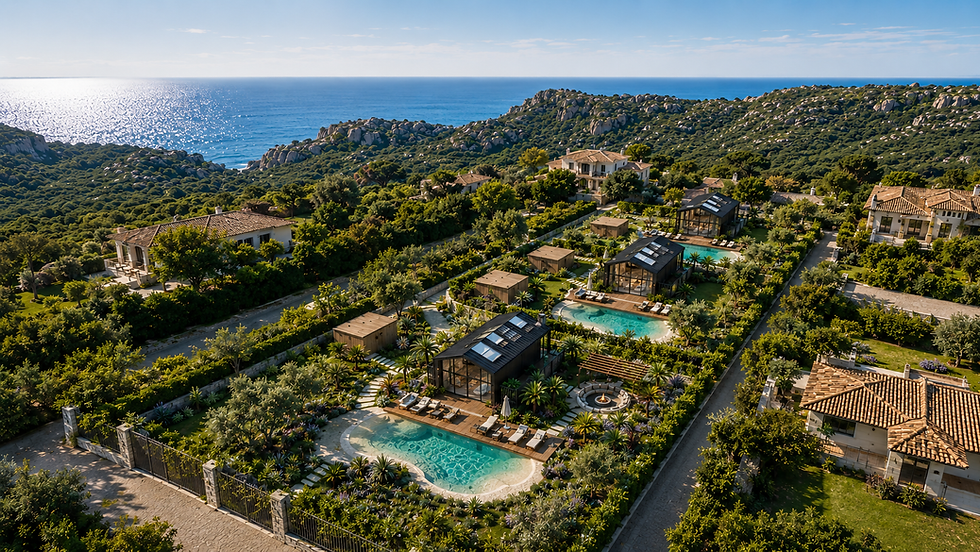 Moradias celeiro premium 8 Park com três unidades, piscinas privadas, jardins mediterrânicos, Serra da Arrábida e mar ao fundo.