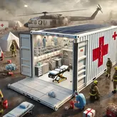 Interior de módulo de primeiros socorros com bancada e equipamento de apoio