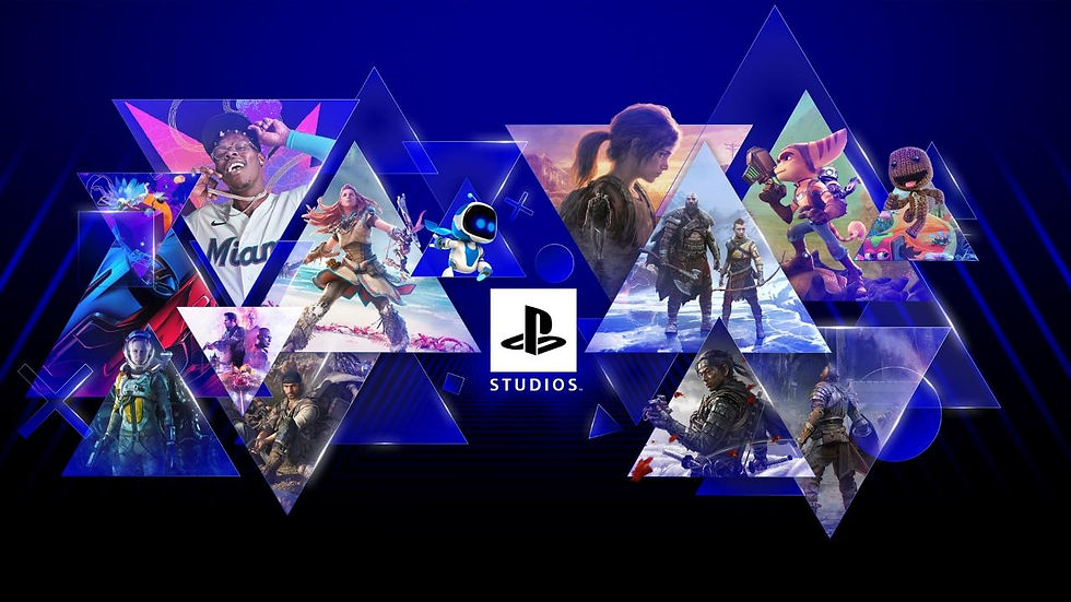 Colagem de personagens de jogos em triângulos azuis ao redor do logo PlayStation Studios sobre fundo azul.