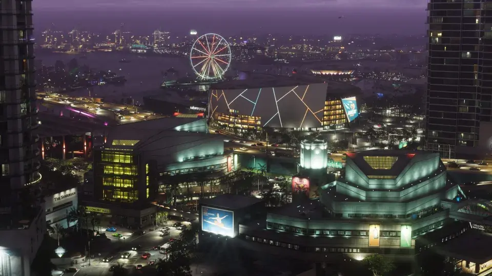 Vista noturna de cidade com roda-gigante iluminada, prédios modernos e luzes roxas refletindo um clima urbano animado.
